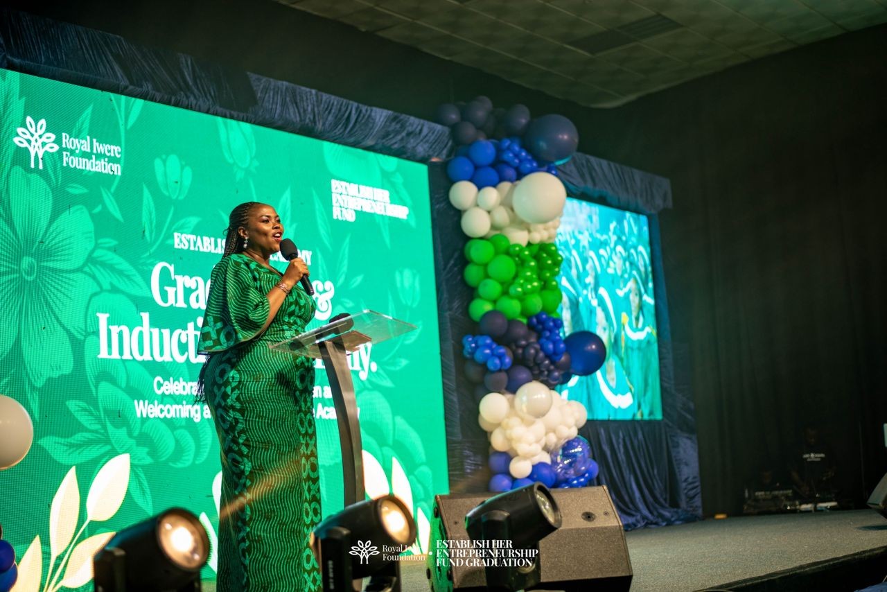 Abosede George-Ogan delivering a keynote at the Royal Iwere Foundation graduation